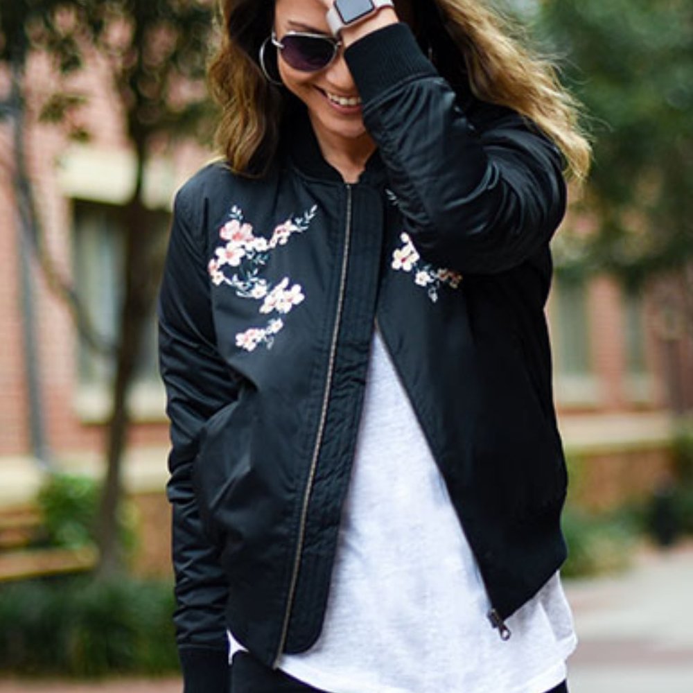 American Eagle Black Flower Bomber jacket